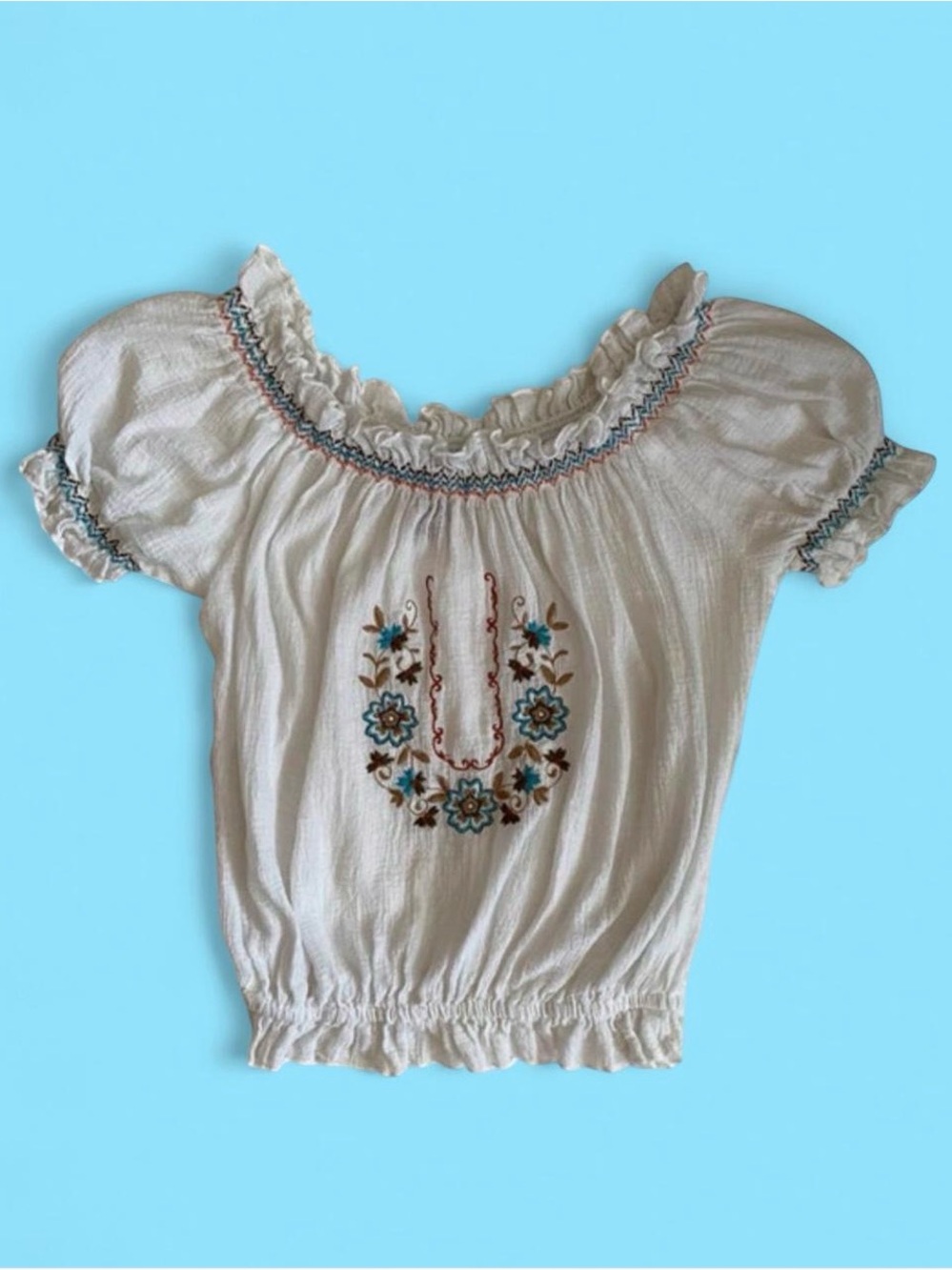 Vintage Just In Time Embroidered Peasant Top Off Shoulder Puff Sleeve Feminine